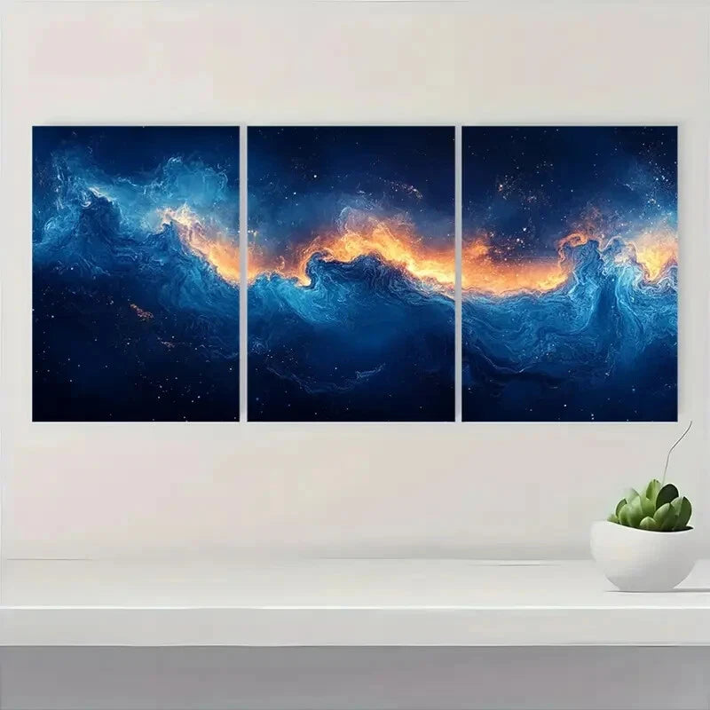 3pcs Modern Abstract Aqua Blue Print Metal Print Ready to Hang Art - Bella Home Decor