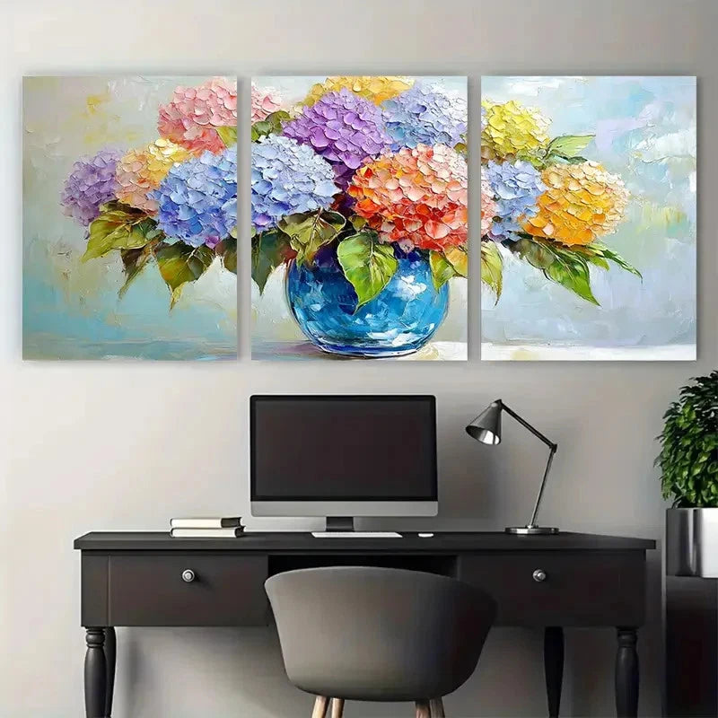 3pcs Hydrangea Bouquet in Blue Glass Vase Metal Print Ready to Hang Art - Bella Home Decor