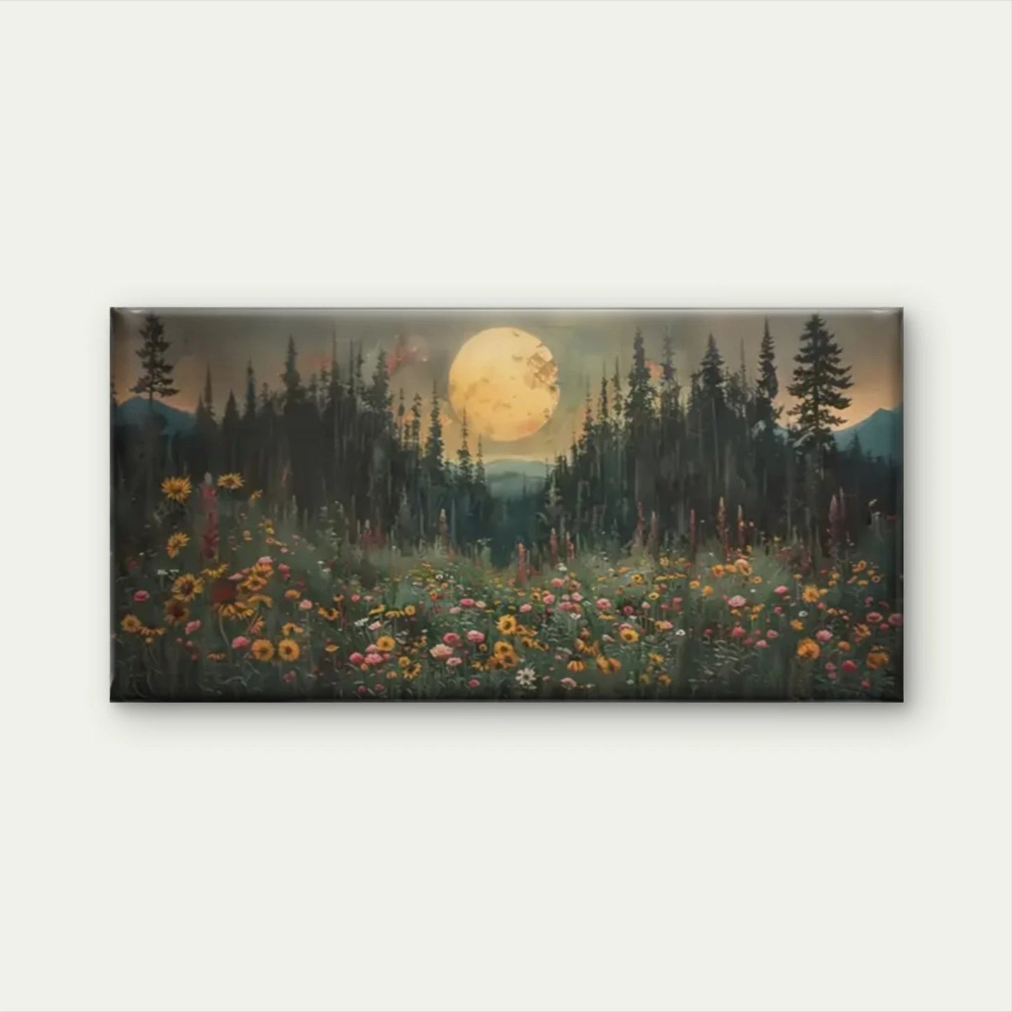 Fields Of Flowers Full Moon  Wall Art Canvas Office Home Room Framed 120x60cm