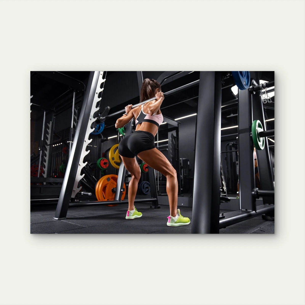 Woman Smith Barbell Squat Workout 5mm thick Plastic Poster Ready to Hang 90x60cm
