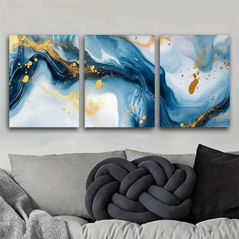 3pcs Blue and Golden Dreamy Fluid Art Painting Metal Print Ready to Hang Art - Bella Home Decor