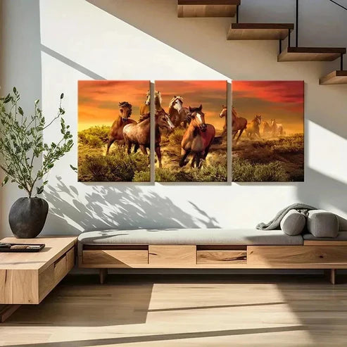3pcs Horses Running At Sunset Grassland Wall Art Set Canvas Unframed - High Quality Print 100% Australian Made Wall Canvas
