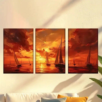 3pcs Sailboats in Sunset Wall Art Set Canvas Framed 60x90cm - High Quality Print 100% Australian Made Wall Canvas Ready to Hang