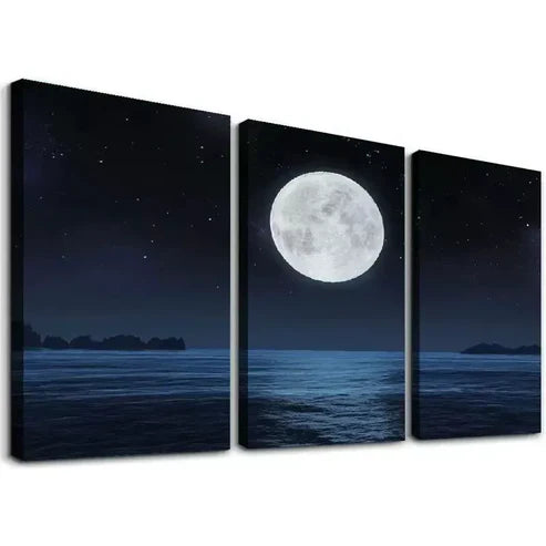 3pcs Full Moon on a Dark Night with Stars Canvas Unframed - High Quality Print 100% Australian Made Wall Canvas - Bella Home Decor