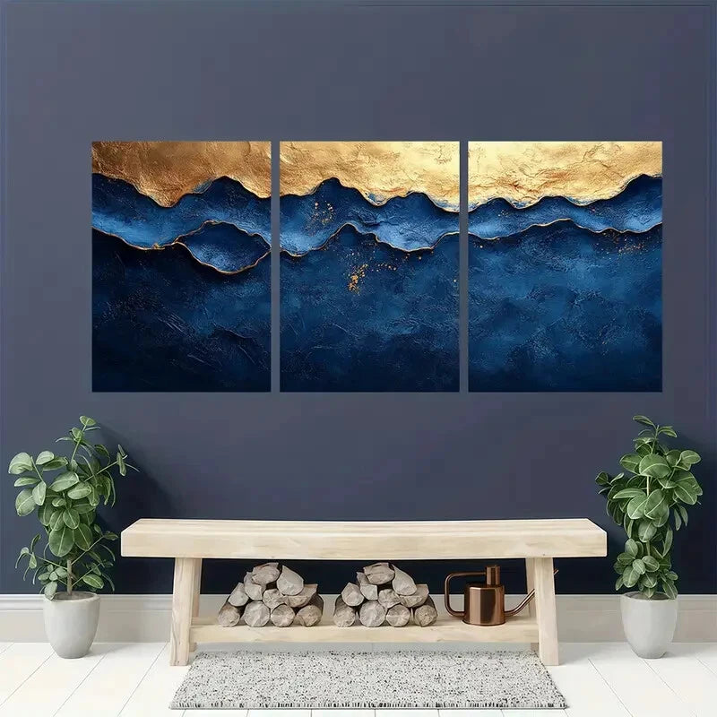 3pcs Abstract Blue & Golden Textured Minimalist Metal Print Ready to Hang Art