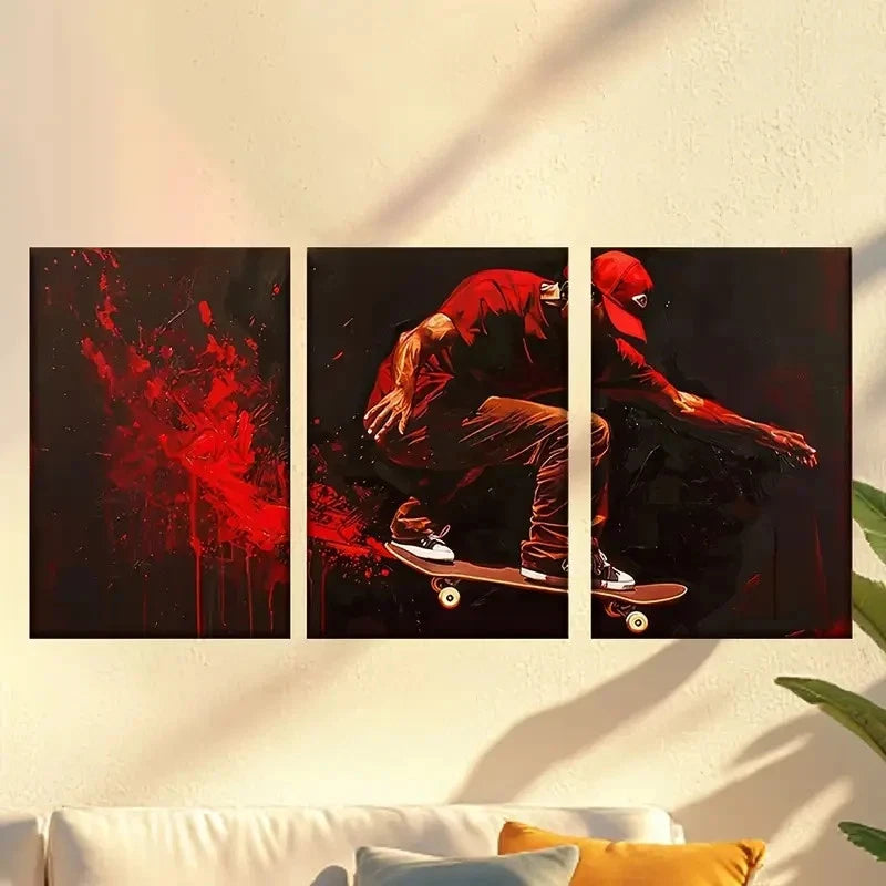 3pcs Vibrant Abstract Flame Skateboard Wall Art Set Canvas Framed 40x60cm - High Quality Print 100% Australian Made Wall Canvas Ready to Hang
