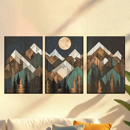 3pcs wooden mountains with pine trees Wall Art Set Canvas Framed 40x60cm - High Quality Print 100% Australian Made Wall Canvas Ready to Hang - Bella Home Decor