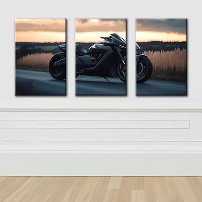 3pcs Sleek Black Motorcycle Wall Art Canvas Unframed - High Quality Print 100% Australian Made Wall Canvas