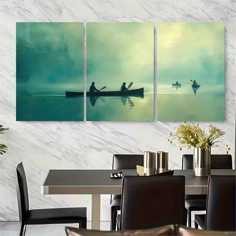 3pcs Serene Blue Green Lake Canoeing Metal Print Ready to Hang Art