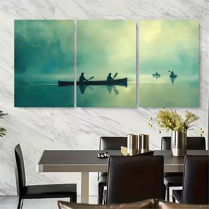 3pcs Serene Blue Green Lake Canoeing Metal Print Ready to Hang Art