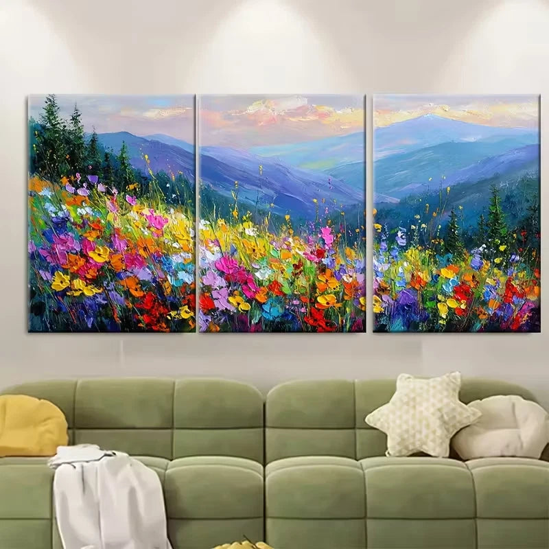 3pcs Mountain Sunset & Wildflowers Landscapes Metal Print Ready to Hang Art