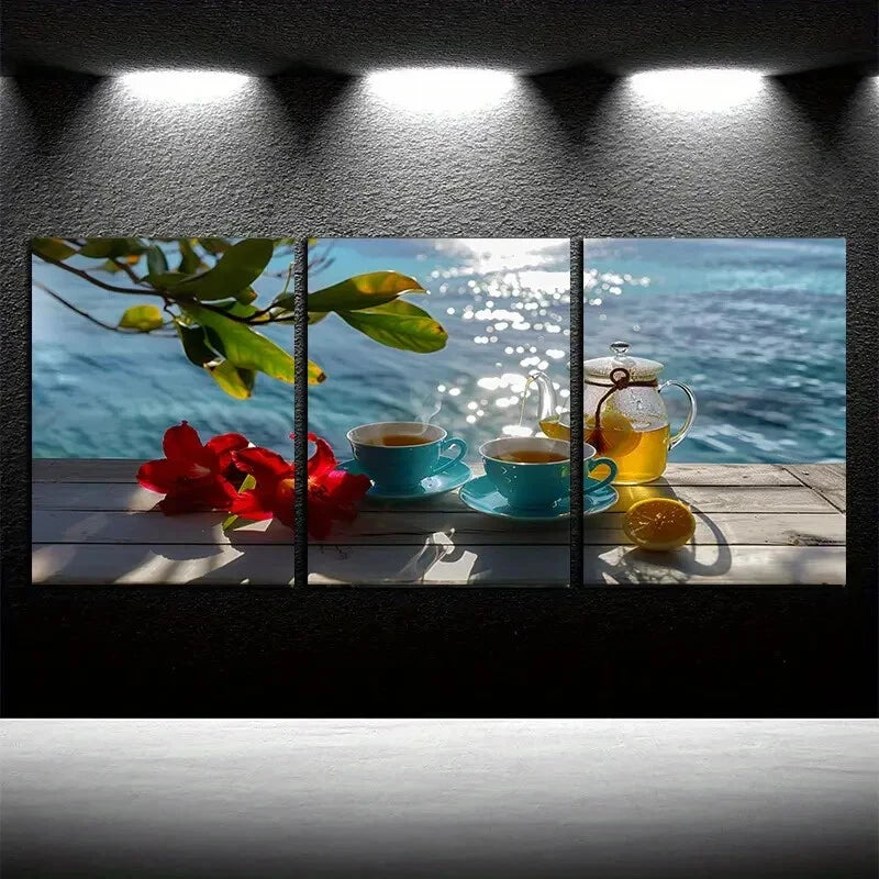 3pcs Tea Leaves and Lemons Standing on a Table Metal Print Ready to Hang Art - Bella Home Decor