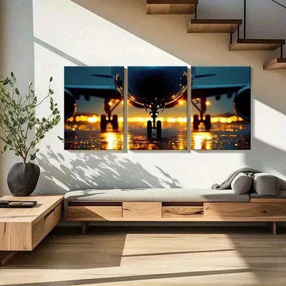 3pcs Airplane Sunset Runway Lights Wall Art Canvas Unframed - High Quality Print 100% Australian Made Wall Canvas - Bella Home Decor