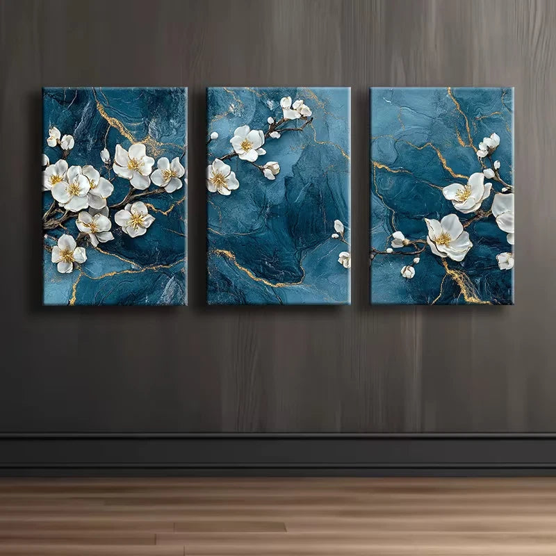 3pcs Blue Cherry Blossom Floral Design Wall Art Set Canvas Framed 60x90cm - High Quality Print 100% Australian Made Wall Canvas Ready to Hang