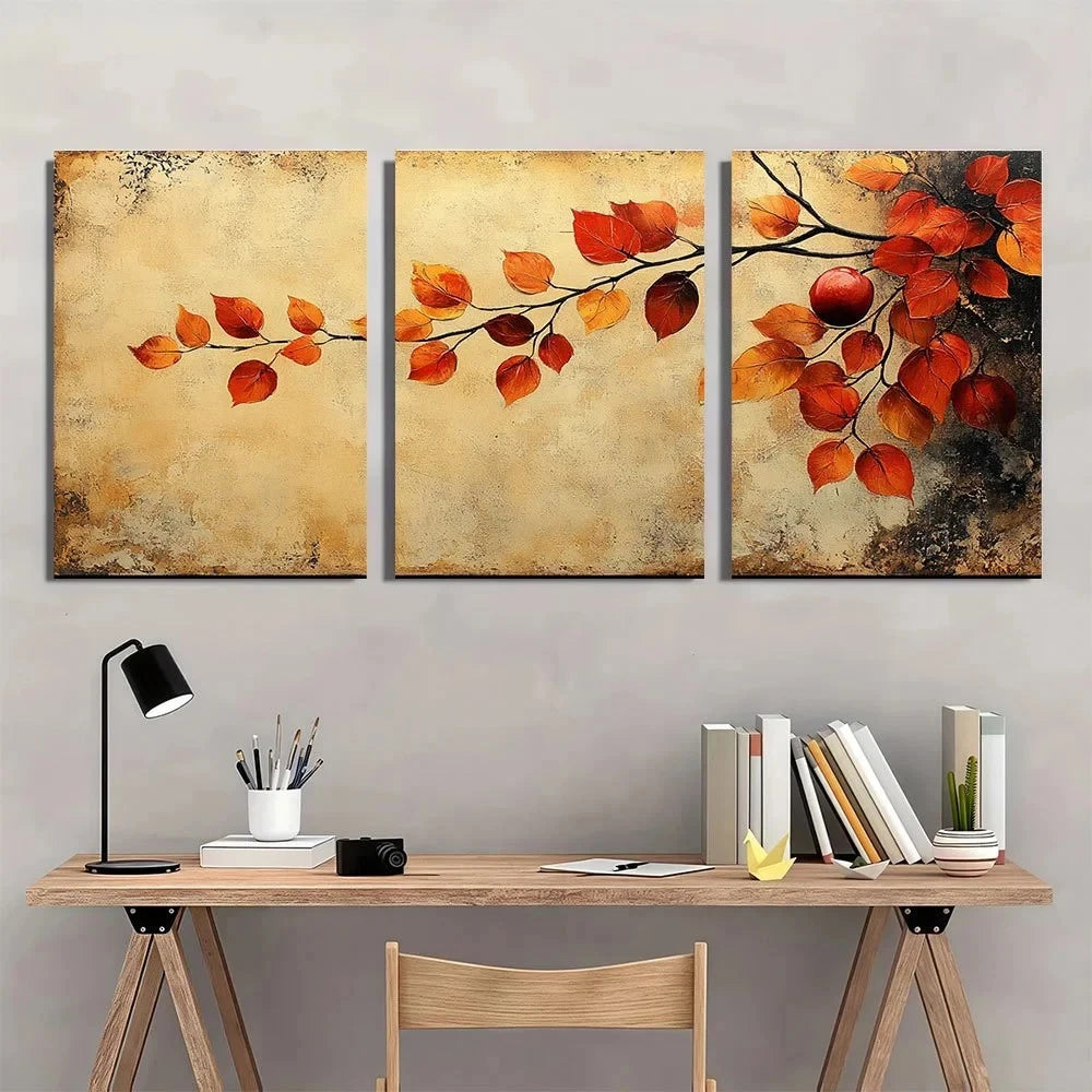 3pcs Abstract Autumn Orange and Beige Theme Metal Print Ready to Hang Art - Bella Home Decor