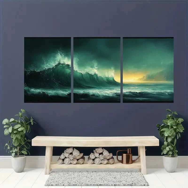 3pcs Green Abstract Landscape Sunset Reflections Metal Print Ready to Hang Art - Bella Home Decor