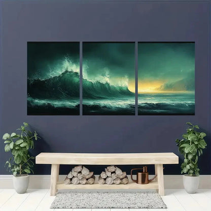 3pcs Green Abstract Landscape Sunset Reflections Metal Print Ready to Hang Art - Bella Home Decor