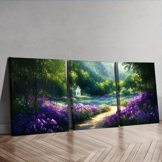 3pcs Featuring Purple Flowers Floral Nature Wall Art Set Canvas Framed 50x70cm - High Quality Print 100% Australian Made Wall Canvas Ready to Hang