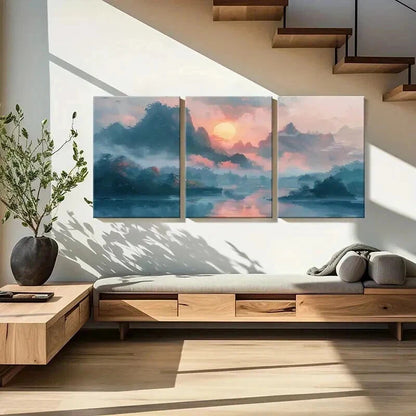 3pcs Sunrise Vintage Chinese Landscape Wall Art Set Canvas Framed 50x70cm - High Quality Print 100% Australian Made Wall Canvas Ready to Hang - Bella Home Decor