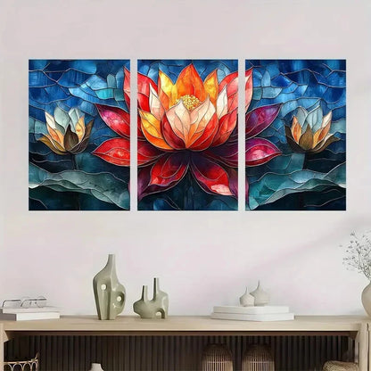 3pcs Lotus Flower Stained Glass Colorful Metal Print Ready to Hang Art - Bella Home Decor