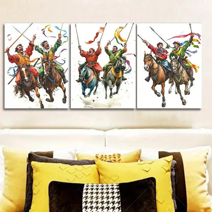 3pcs Dynamic Horseback Warrior Scene Wall Art Canvas Wall Art Set Canvas Framed 50x70cm - High Quality Print 100% Australian Made Wall Canvas Ready to Hang