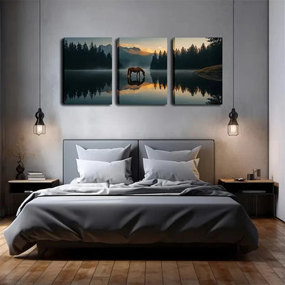 3pcs Majestic Horse In Forest And Lake Perfect Wall Art Set Canvas Framed 60x90cm - High Quality Print 100% Australian Made Wall Canvas Ready to Hang - Bella Home Decor