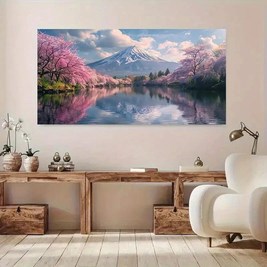 Serene Mount Fuji Cherry Sakura Wall Art Canvas Office Home Room Framed 120x60cm