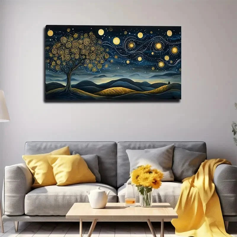 Decorative wall art of a tree with stars above a gray sofa with yellow and gray pillows.