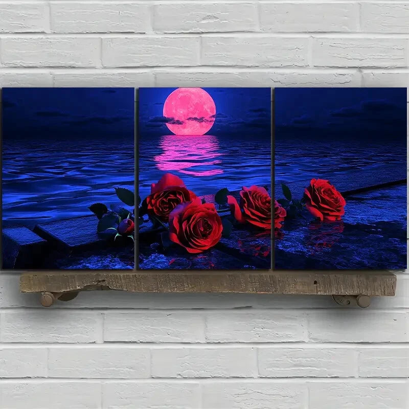 3pcs Rose Piano By The Sea Night View Metal Print Ready to Hang Art - Bella Home Decor
