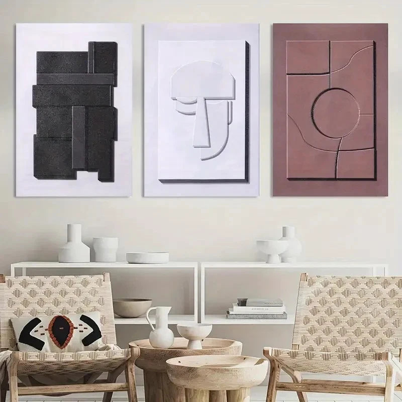 3pcs Painting Neutral Abstract Polygon Wall Art Metal Print Ready to Hang Art - Bella Home Decor