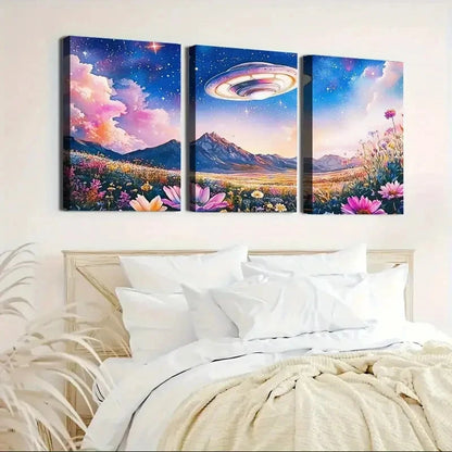 3pcs  Sky Pink Clouds UFO Mountain   Wall Art Canvas  Framed 60x90cm - High Quality Print 100% Australian Made Wall Canvas Ready to Hang - Bella Home Decor