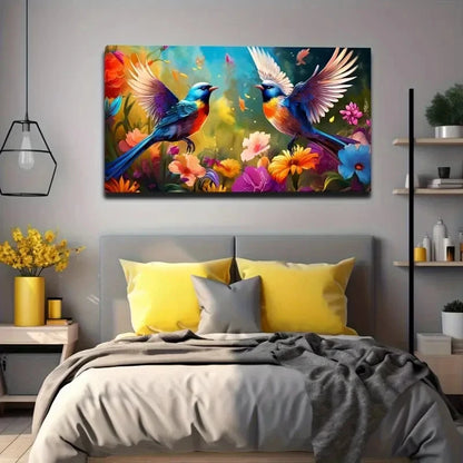 Vibrant Floral Birds Wall Art Canvas Office Home Room Framed 120x60cm