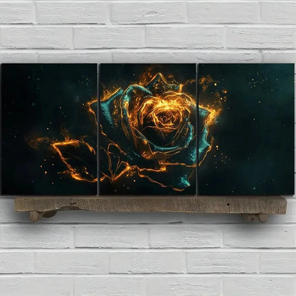 3pcs Beautiful Roses Stunning Golden Blue Themed Metal Print Ready to Hang Art - Bella Home Decor