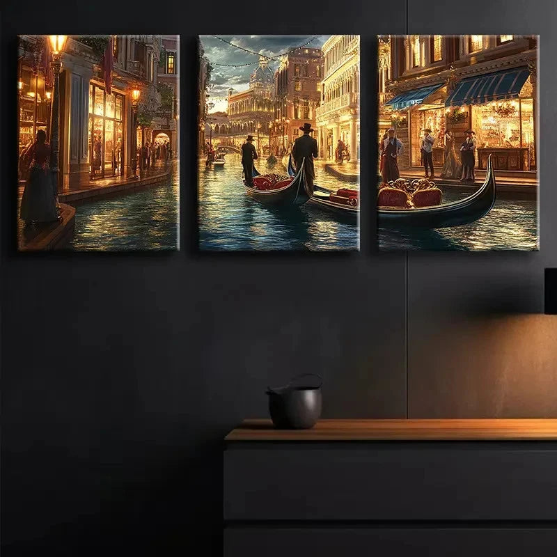 3pcs Moonlit Venetian Canal Scenery Metal Print Ready to Hang Art