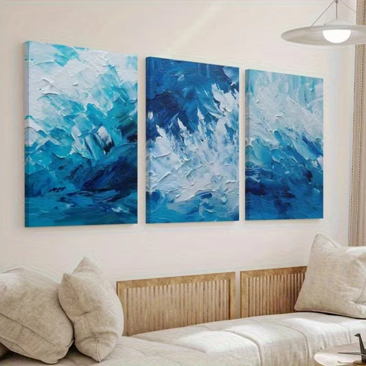 3pcs Modern Blue Textured Abstract Decor Wall Art Set Canvas Framed 40x60cm - High Quality Print 100% Australian Made Wall Canvas Ready to Hang