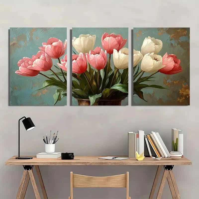 3pcs Fresh White and Pale Pink Tulips in Vases Metal Print Ready to Hang Art - Bella Home Decor
