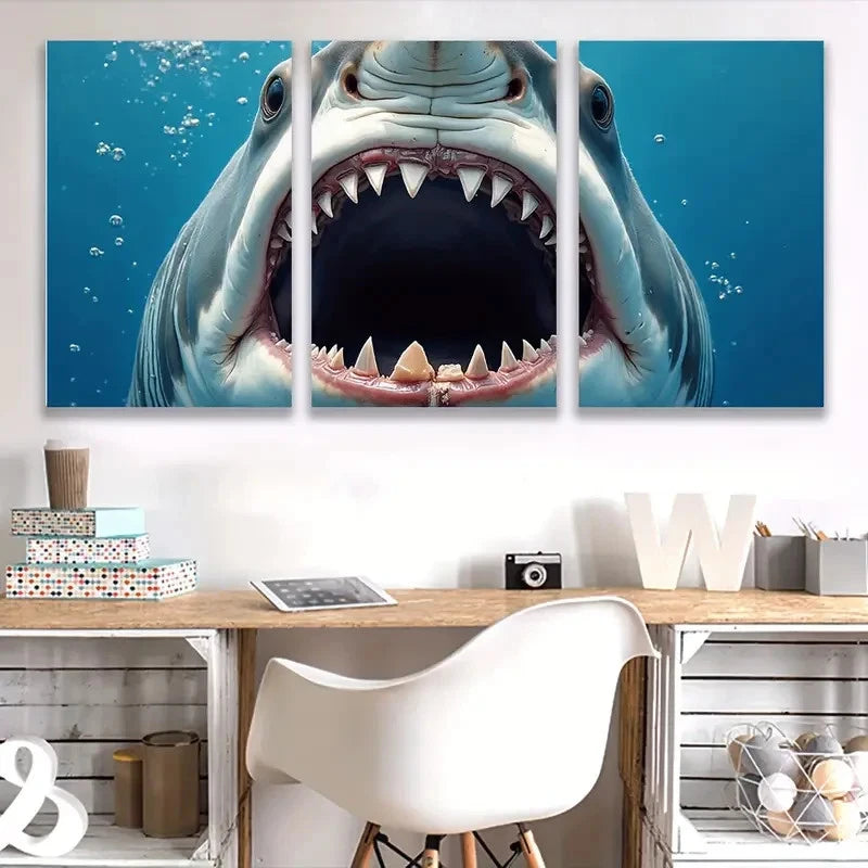 3pcs Big Shark Mouth Blue Ocean  Wall Art Set Canvas Framed 60x90cm - High Quality Print 100% Australian Made Wall Canvas Ready to Hang - Bella Home Decor