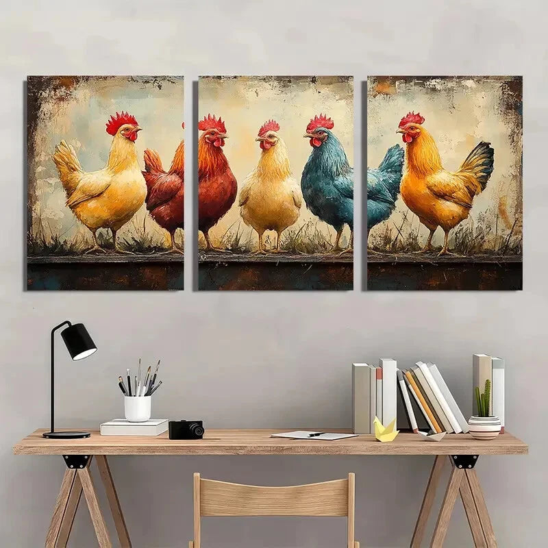 3pcs Chicken Watercolor Art Prints - Farmhouse Metal Print Ready to Hang Art - Bella Home Decor