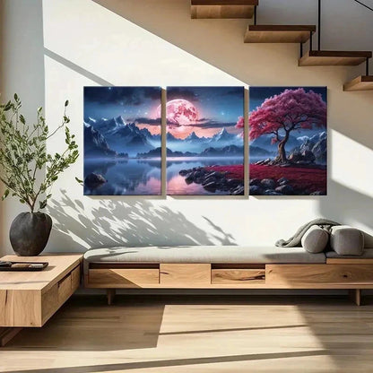 3pcs Red Moon Tree Mountains & Lake Wall Art Set Canvas Framed 60x90cm - High Quality Print 100% Australian Made Wall Canvas Ready to Hang - Bella Home Decor