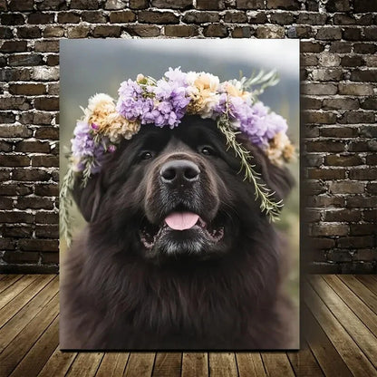 Charming Tibetan Mastiff Dog with Floral Crow Painting 40x60cm Metal Print Ready to Hang
