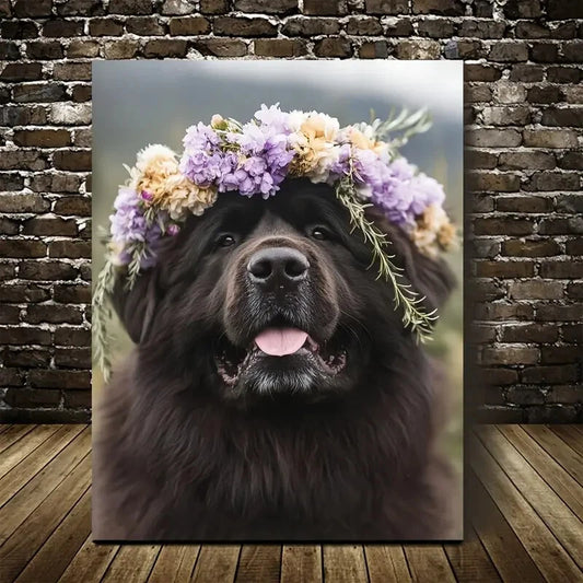 Charming Tibetan Mastiff Dog with Floral Crow Painting 40x60cm Metal Print Ready to Hang