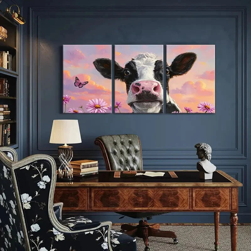3pcs Cow Portrait Floral Surroundings Soft Pastel Metal Print Ready to Hang Art - Bella Home Decor
