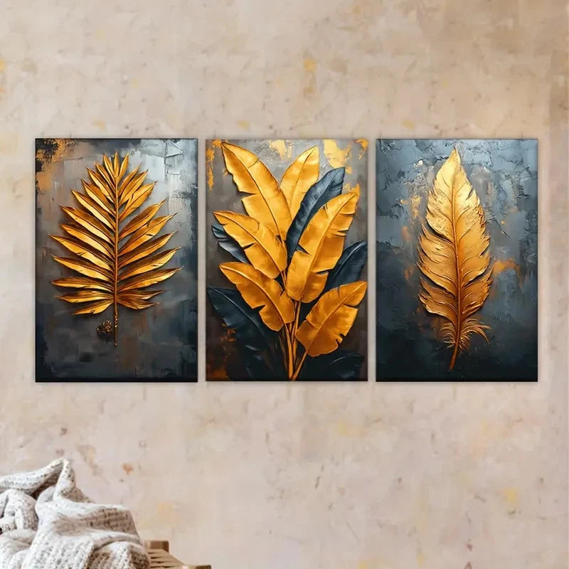 3pcs three golden leaves on a black Wall Art Set Canvas Framed 40x60cm - High Quality Print 100% Australian Made Wall Canvas Ready to Hang - Bella Home Decor