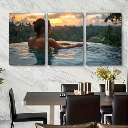 3pcs Happy Woman Relaxing with Jungle View Metal Print Ready to Hang Art