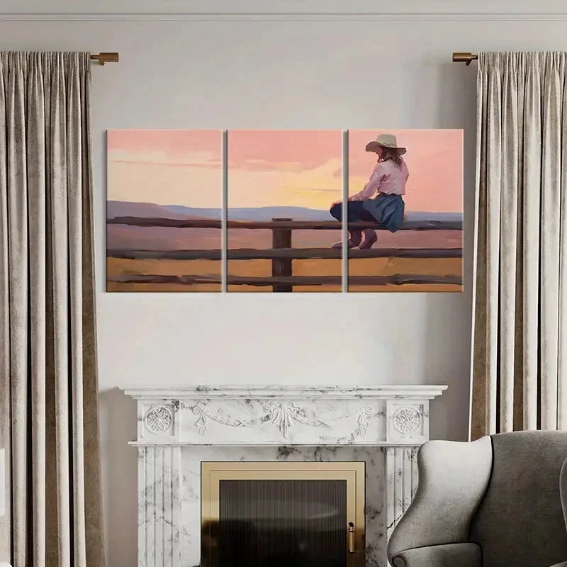 3pcs Serene Sunset Landscape with Woman on Fence Metal Print Ready to Hang Art - Bella Home Decor