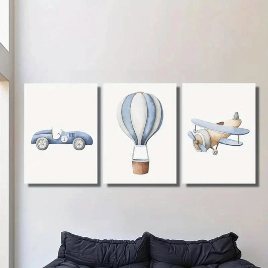 3pcs Cartoon vehicles, cars, hot air balloons Metal Print Ready to Hang Art