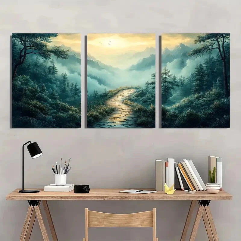 3pcs Serene Green Wilderness & Misty Mountains Metal Print Ready to Hang Art - Bella Home Decor
