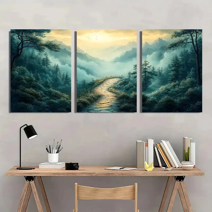 3pcs Serene Green Wilderness & Misty Mountains Metal Print Ready to Hang Art - Bella Home Decor