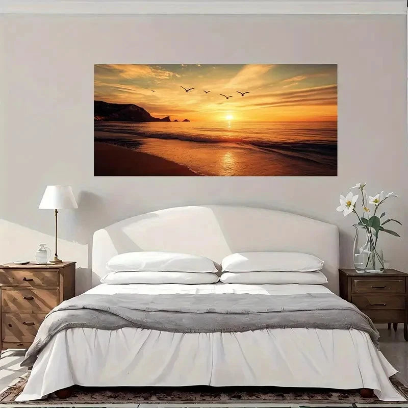 Beach Sunset Seagulls Wall Art Canvas Office Home Room Framed 120x60cm