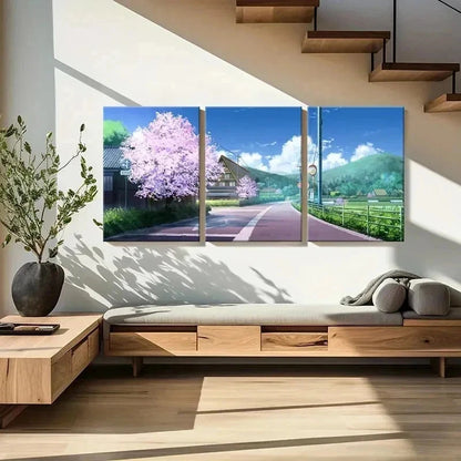 3pcs Japanese Sakura Anime Landscape Wall Art Set Canvas Framed 60x90cm - High Quality Print 100% Australian Made Wall Canvas Ready to Hang